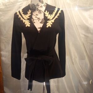 Guinevere 10% Merino WoolBlack Cardigan with Cream Accents